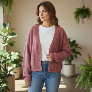 VTG Y2K OBR Lambswool Angora Blend Mauve Pink Cropped Boxy Cardigan Size Large L